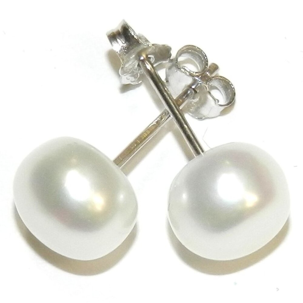 White 8mm Round Button Cultured Freshwater Pearl Silver Brass Post Earrings E196